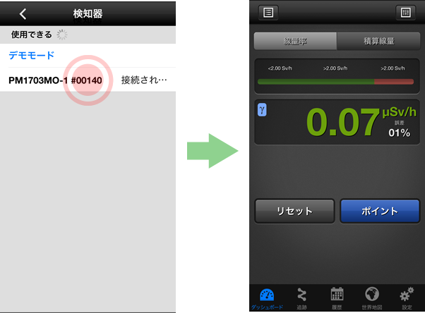 iPhone と放射線測定器の接続