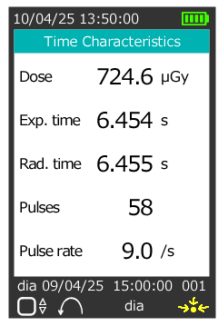 時間特性に関する結果画面。積算空気カーマ、露光時間、照射時間、パルス数、パルス率を表示している。
